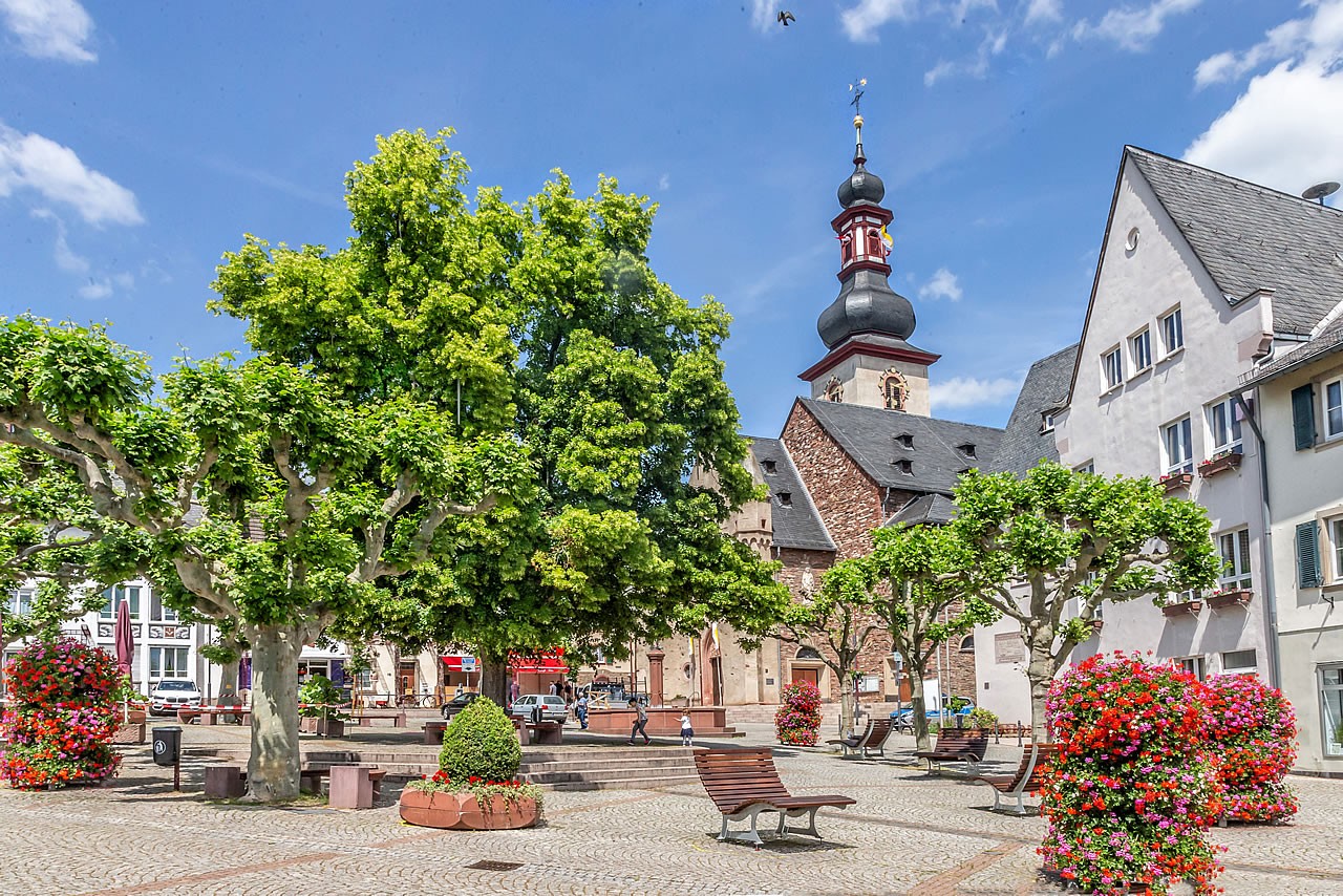 Der Marktplatz von Rüdesheim im Blumenmeer