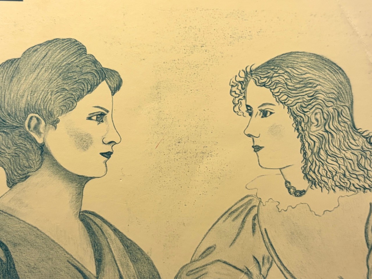 Sylvie Brossette, Karoline von Günderrode (links) und Bettine Brentano, Bleistiftzeichnung