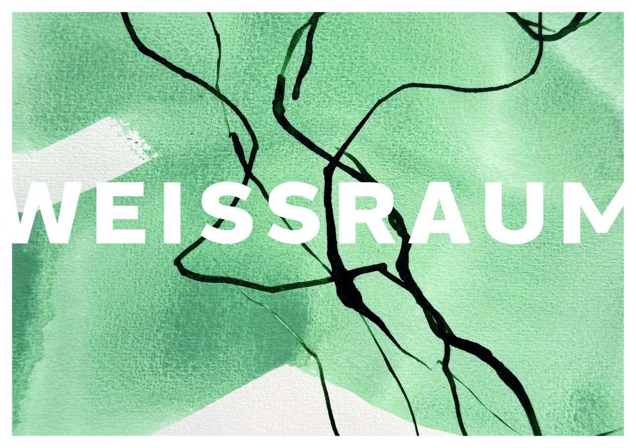 weissraum Flyer: Grün-schwarze Malerei mit weißem Logo