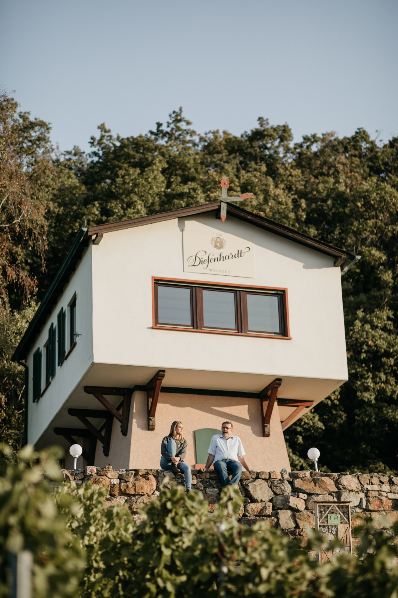 Weinbergshaus Diefenhardt mit Reben im Vordergrund und Menschen auf der Terrasse.